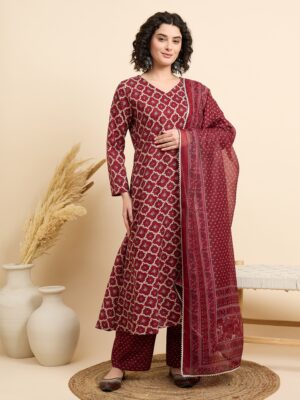 Women Viscose Maroon A-Line Kurta And Pant Set With Dupatta