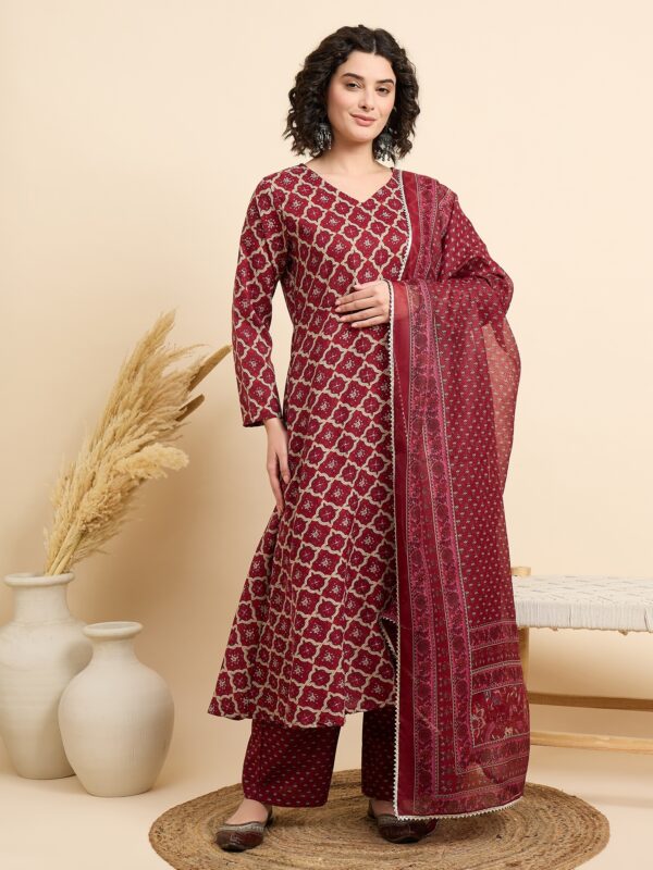 Women Viscose Maroon A-Line Kurta And Pant Set With Dupatta