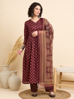 Women Viscose Maroon Anarkali Kurta And Pant Set With Dupatta