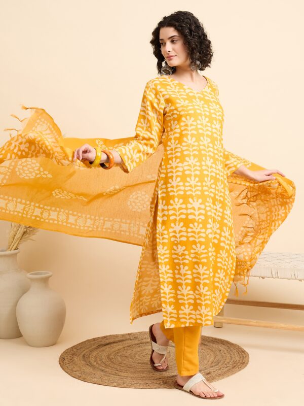 Women Viscose Yellow Straight Kurta And Pant Set With Dupatta - Image 3