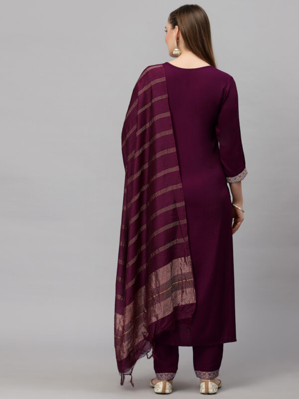 Women Wine Embroidery silk Kurta And Pant Set With Dupatta - Image 3