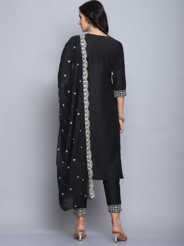 Women Embroidery Straight Black Kurta And Pant set with Dupatta - Image 4