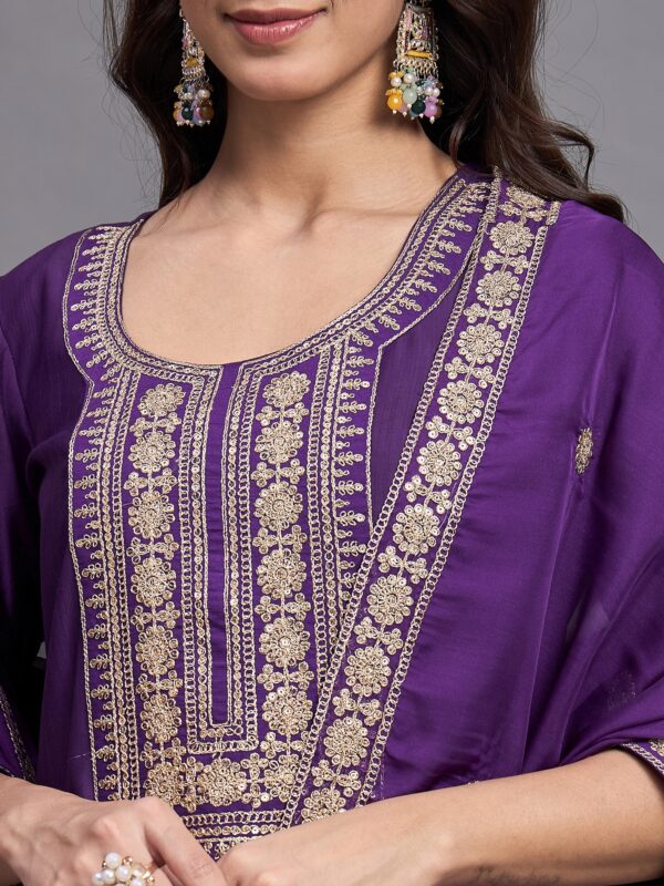 Women Embroidery Straight Purple Kurta And Pant set with Dupatta - Image 3