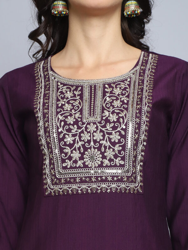 Women Embroidery Straight Wine Kurta And Pant set with Dupatta - Image 3